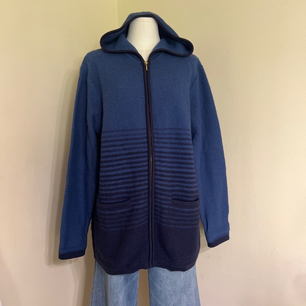 Karen Scott Petites Blue Ombre 100% Wool Zip Up Hooded Cardigan Sweater PM